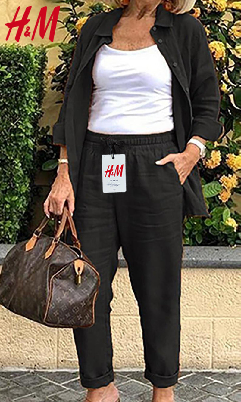 2025-ös női pamutvászon hosszú ujjú blúz és nadrág