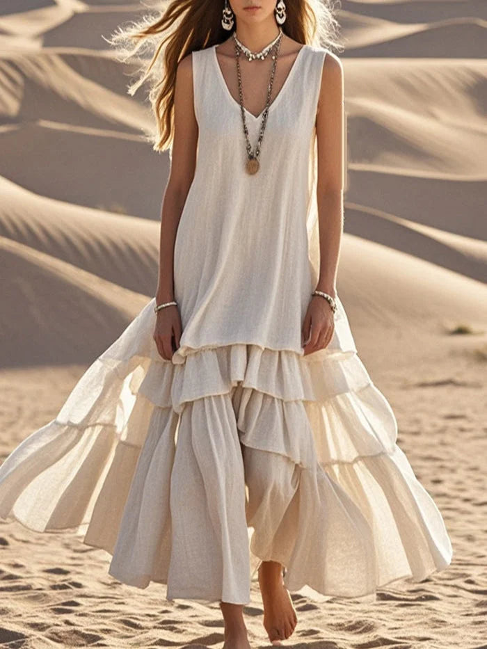 Hosszú, vintage pamut és len szoknya V-nyakkal