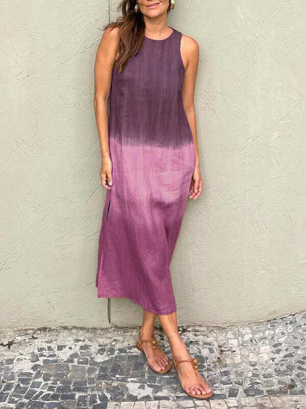 🔥Női alkalmi pamutvászon, ujjatlan, hasított színátmenetes nyakkendős, hosszú ruha🏖️