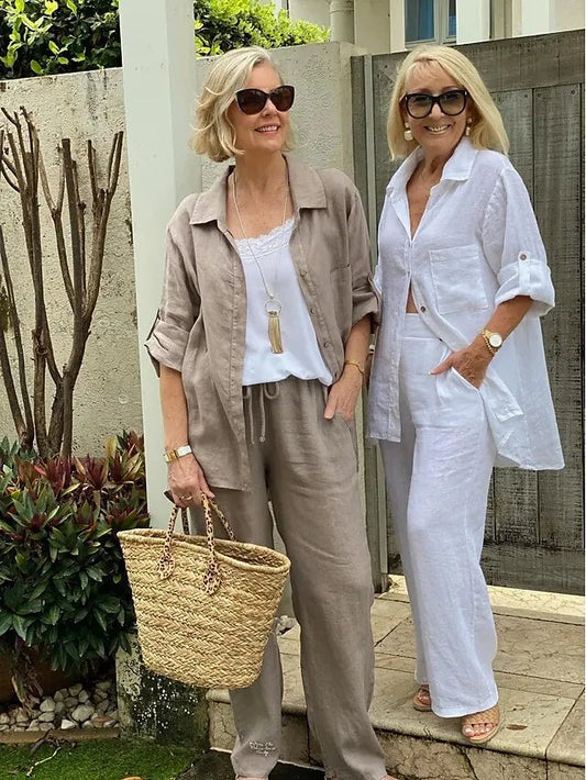 Egyszínű hajtókás ing, pamut és len felső és S-5XL nadrág