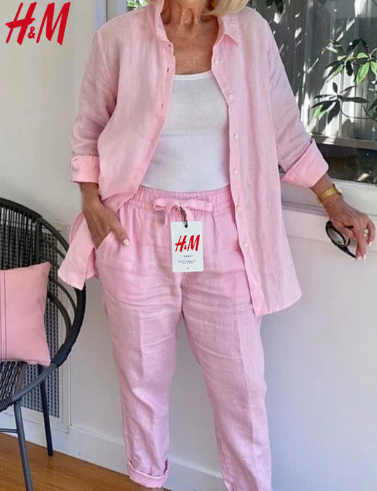 2025-ös női pamutvászon hosszú ujjú blúz és nadrág