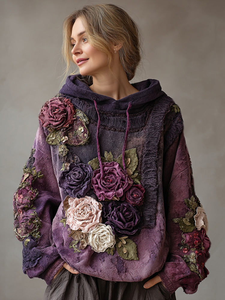 Női kényelmes kapucnis pulóver lila és rózsaszín hímzéssel