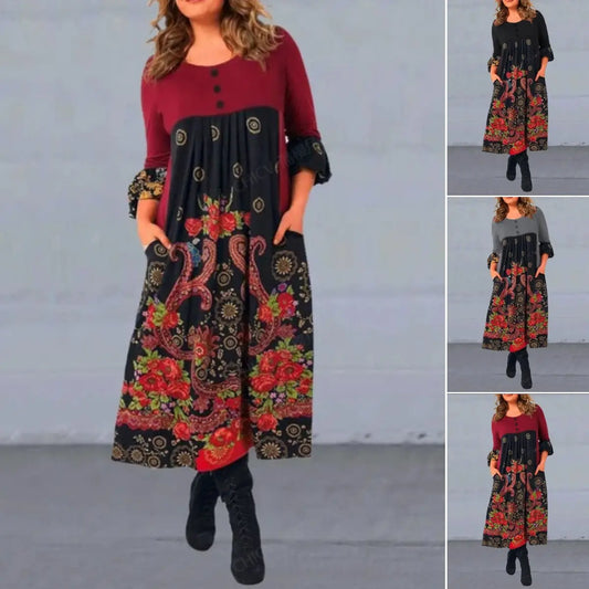 【S-5XL】 👗 2023-as új őszi és téli retro mintás hosszú ujjú alkalmi ruha