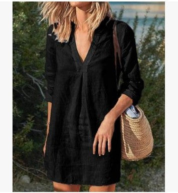 Divatos, közepes hosszúságú lezser vászon pamut ruha