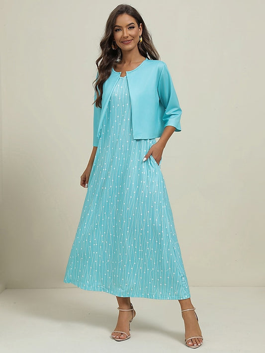 Női, kétrészes ruhaszett Alkalmi ruha Esküvői Vendégruha Party Napi Elegáns Nyomtatott Zsebek Midi Ruha V nyakú Fél ujjú Geometrikus Pöttyös Normál Rózsaszín Kék