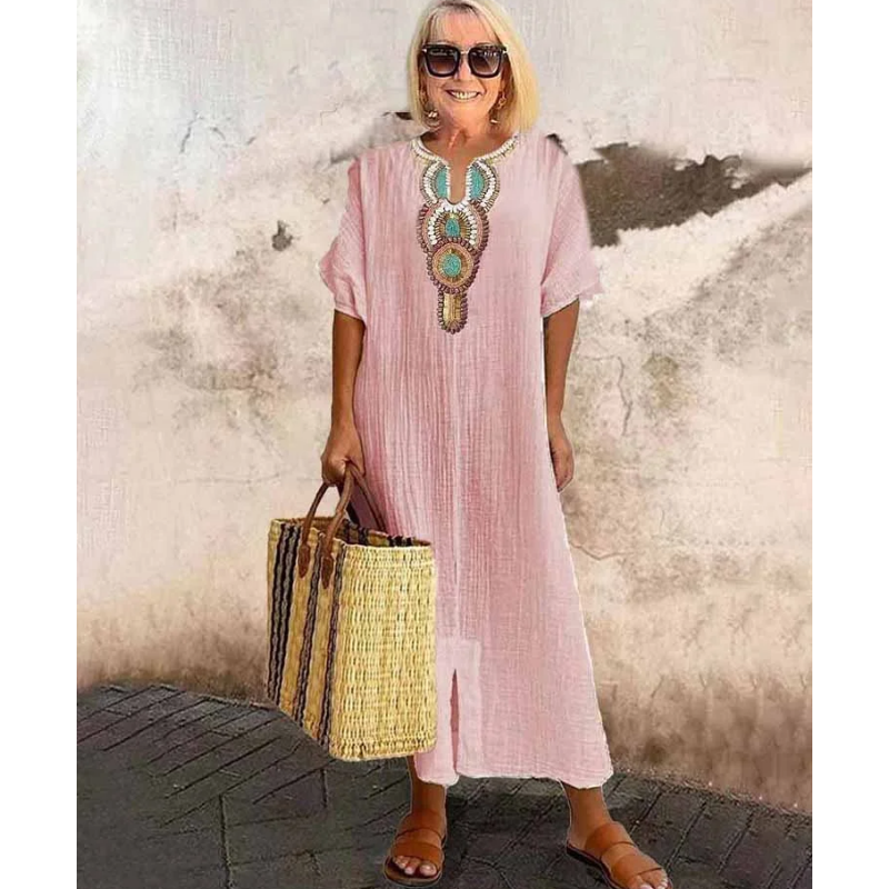 [S-4XL]🌿 Széles szabású, hímzett pamut és lenvászon ruha