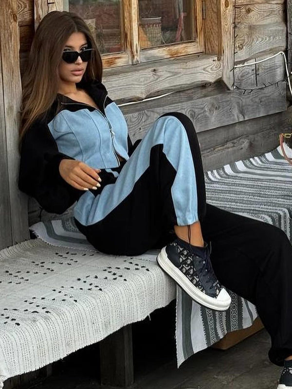 Női szexi kontraszt színű zsebes alkalmi tréningruha