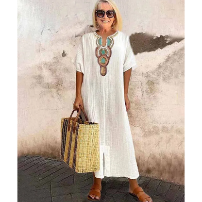 [S-4XL]🌿 Széles szabású, hímzett pamut és lenvászon ruha