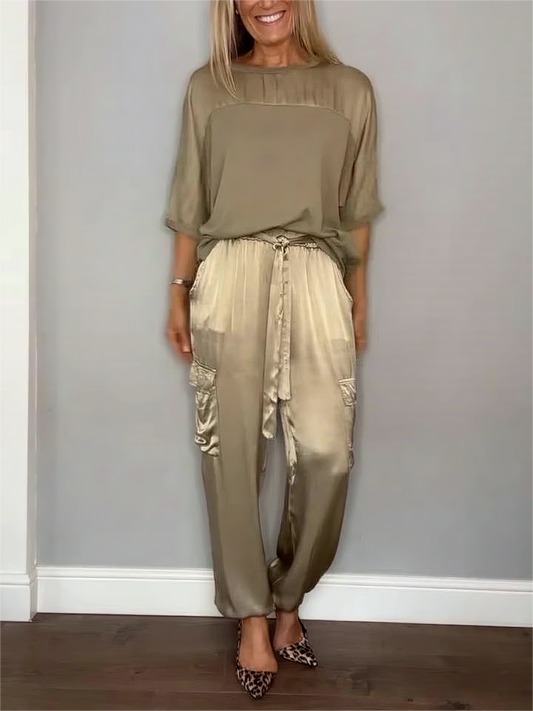 Női sima szatén félujjú felső és nadrág kétrészes öltöny