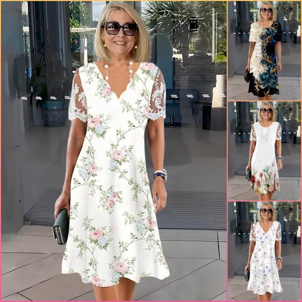 Rövid ujjú tunika ruha virágos csipkével