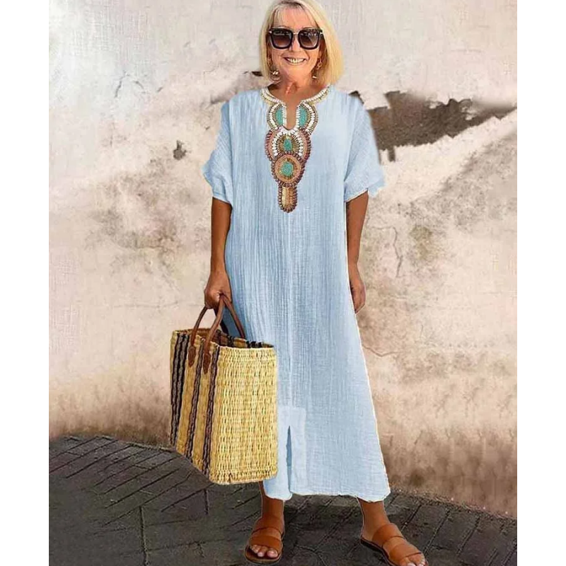 [S-4XL]🌿 Széles szabású, hímzett pamut és lenvászon ruha