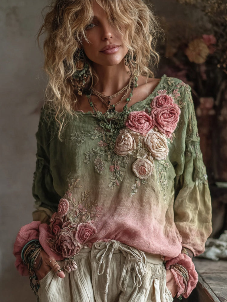 Pamut és lenvászon felső 3D rózsahímzéssel