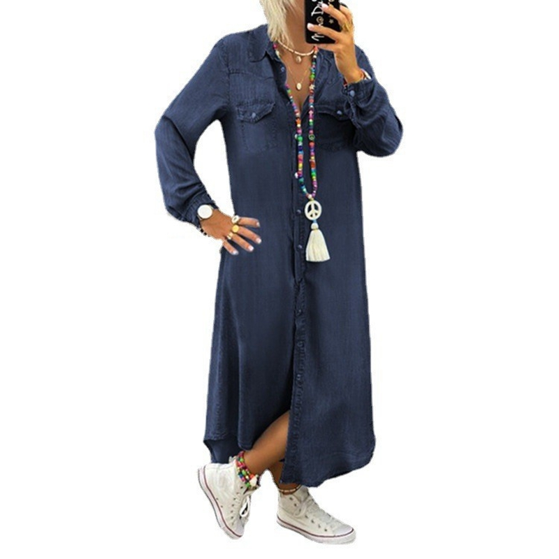 [S-5XL] 2024 új inggalléros farmer ruha alkalmi hosszú szoknya