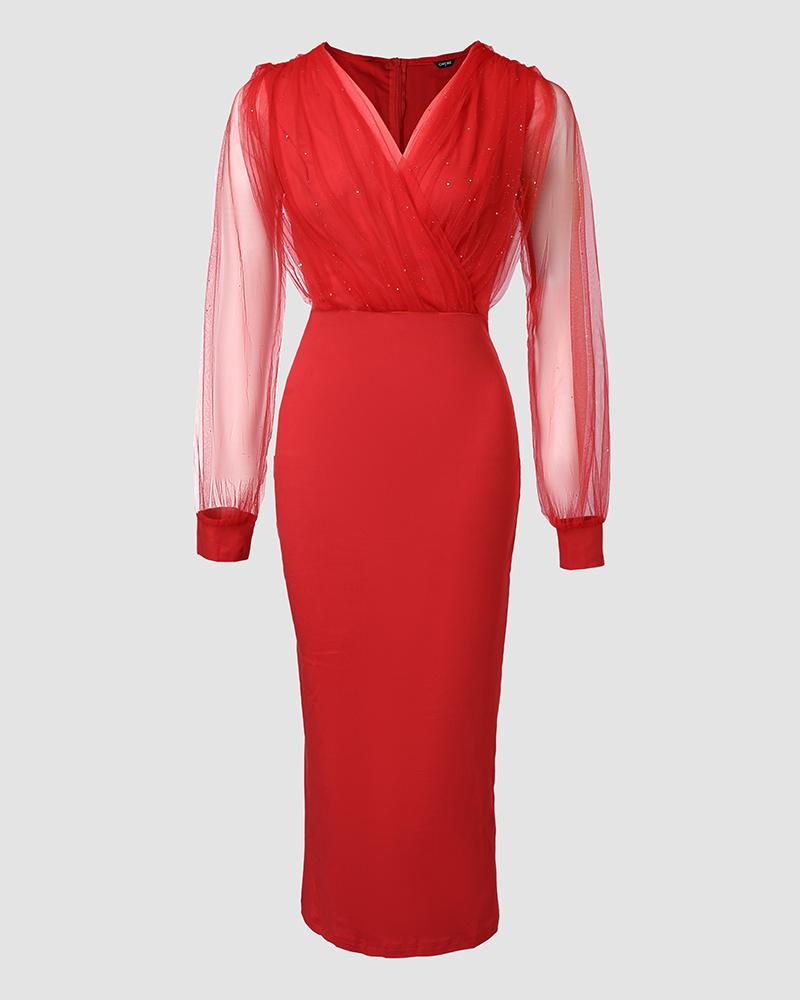 Átlátszó hálós midi ruha V-nyakkal