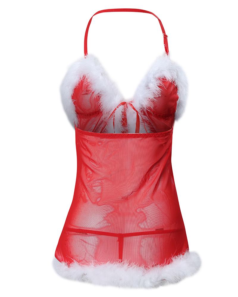 Karácsonyi kötőfék fehérnemű tollakkal és masni Pom Pom dekorációval Babydoll bugyival