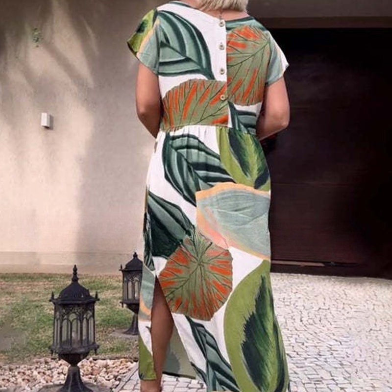 Levélmintás, kerek nyakú, oldalsó hasított ruha