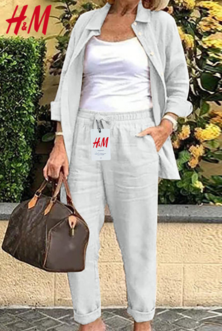 2025-ös női pamutvászon hosszú ujjú blúz és nadrág