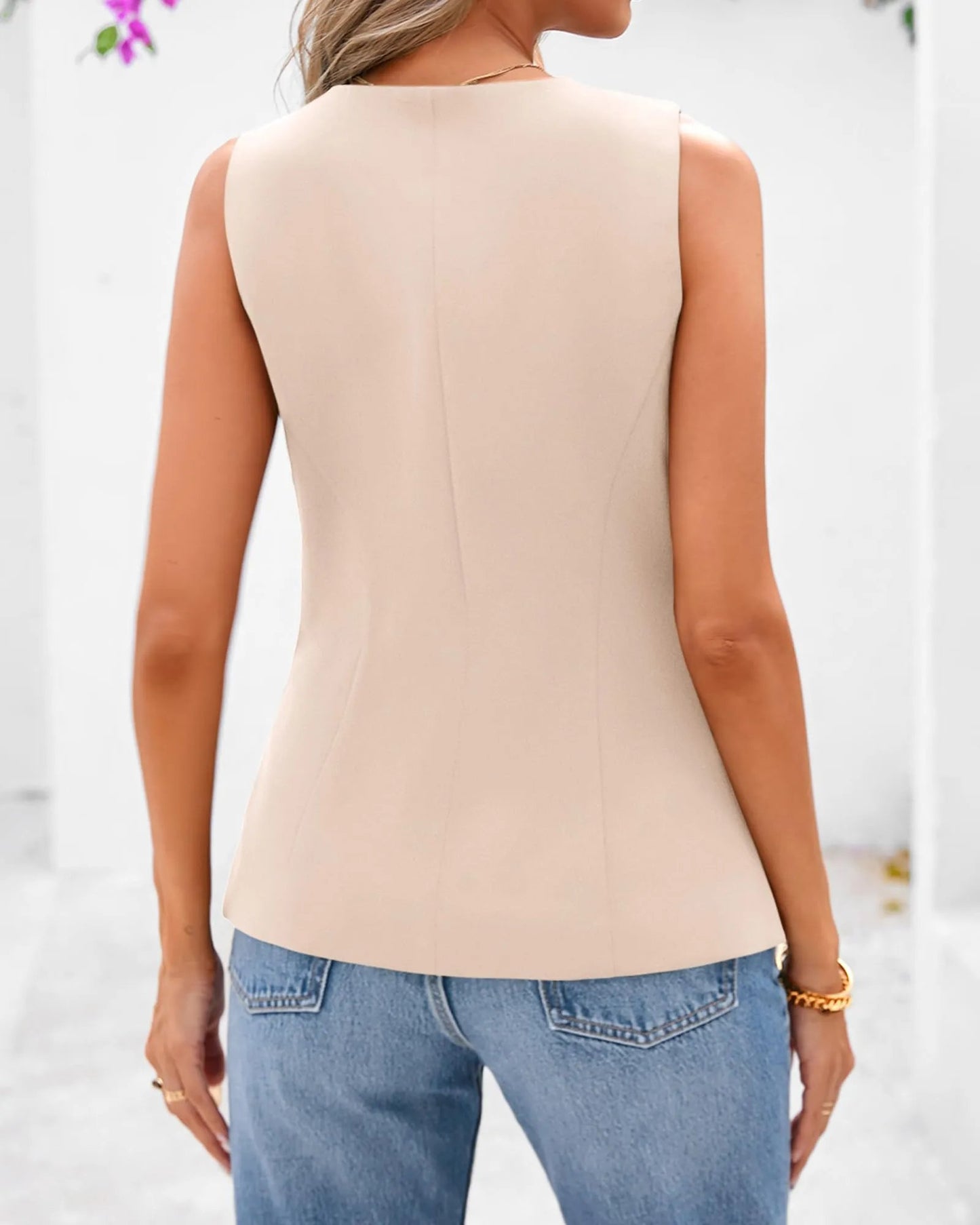 Női elegáns, gombos, kerek nyakú, ujjatlan blézer (2 darab vásárlása esetén ingyenes szállítás)