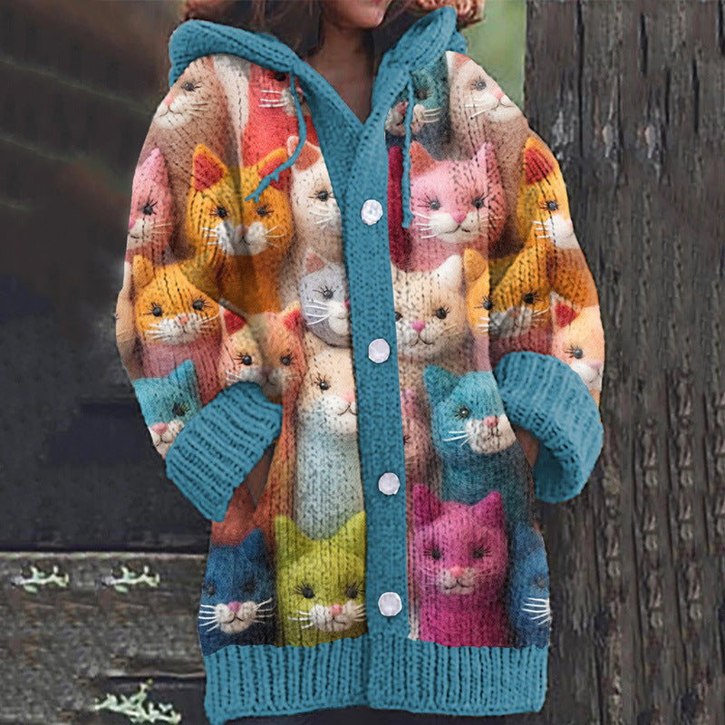 Színes, hangulatos pulóver kapucnis macskákkal