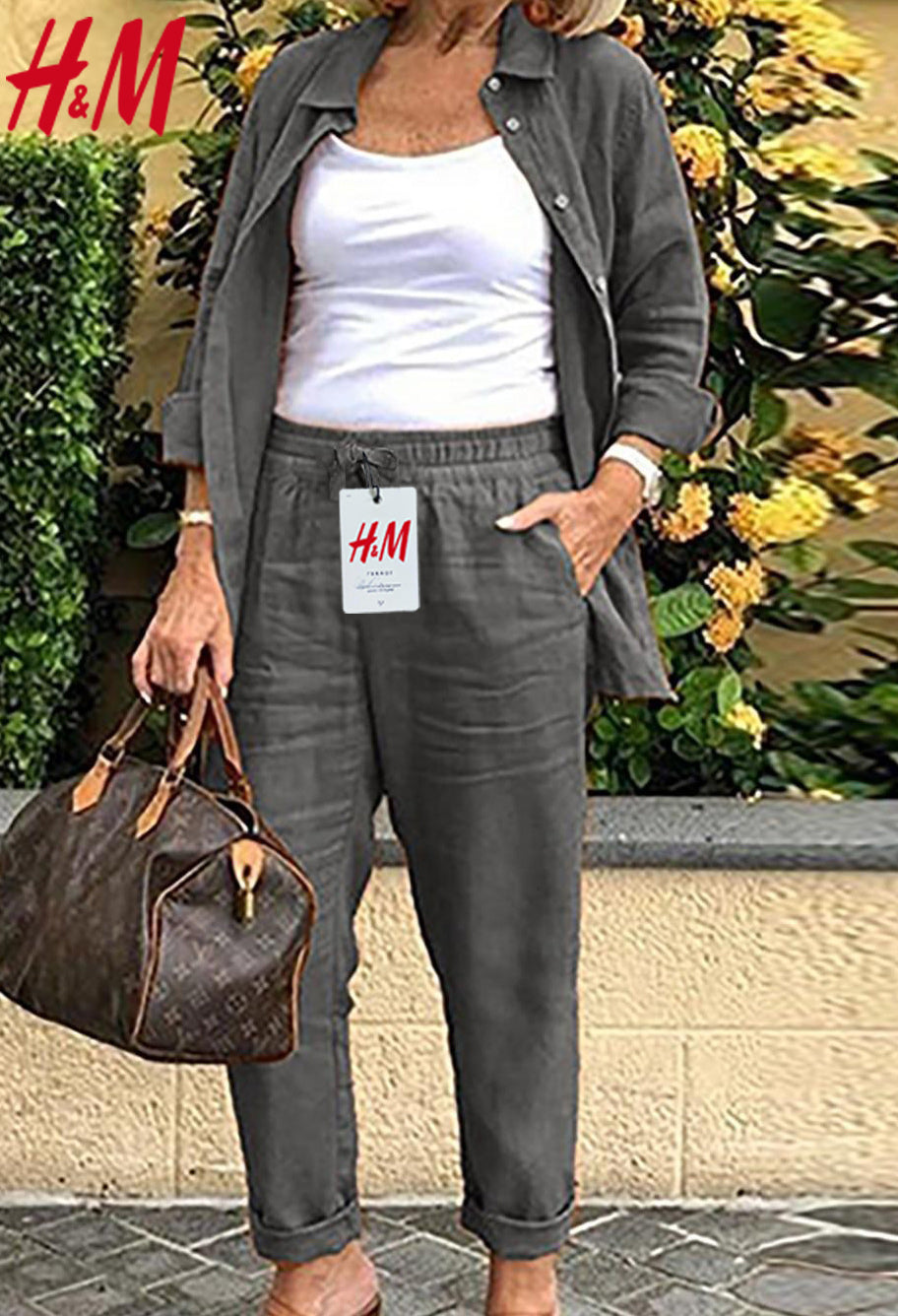 2025-ös női pamutvászon hosszú ujjú blúz és nadrág