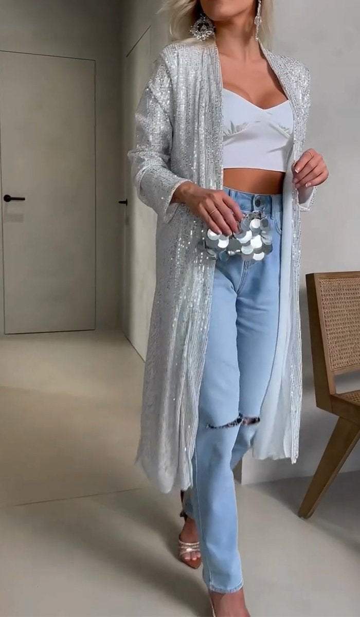 Divatos női kardigán kabát V-nyakkal és flitterekkel