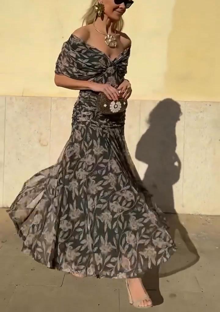 Női, váll nélküli, V-nyakú, mintás ruha