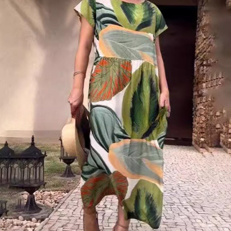 Levélmintás, kerek nyakú, oldalsó hasított ruha