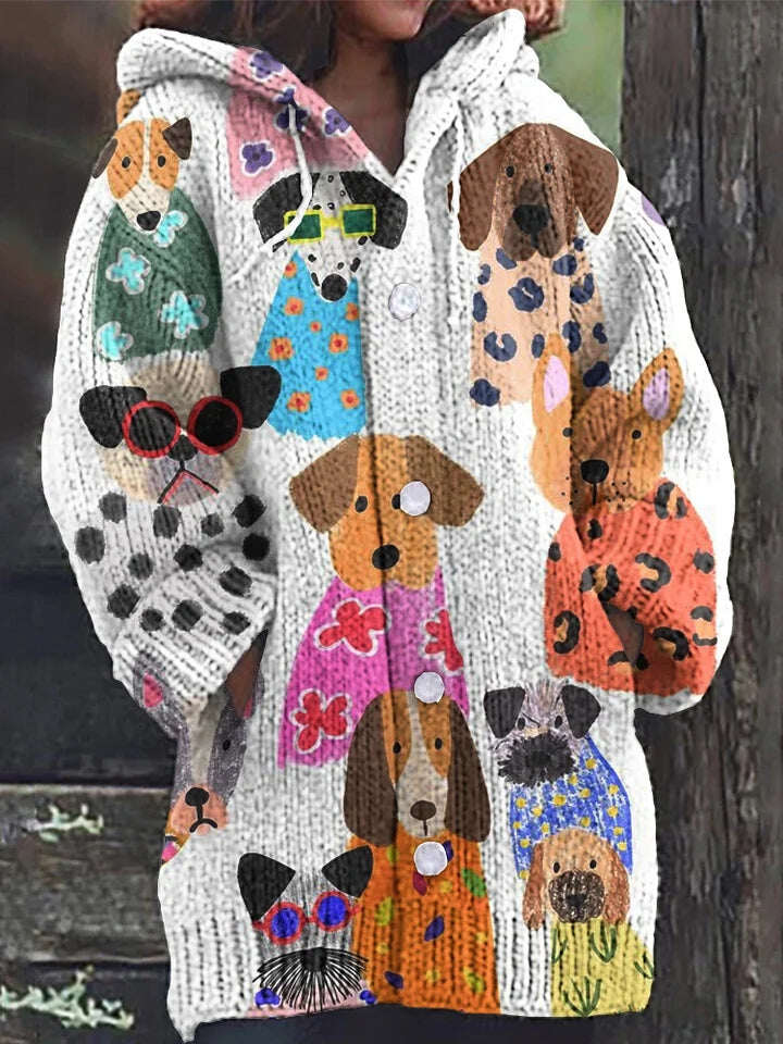 Kötött kapucnis kardigán aranyos kiskutya motívummal
