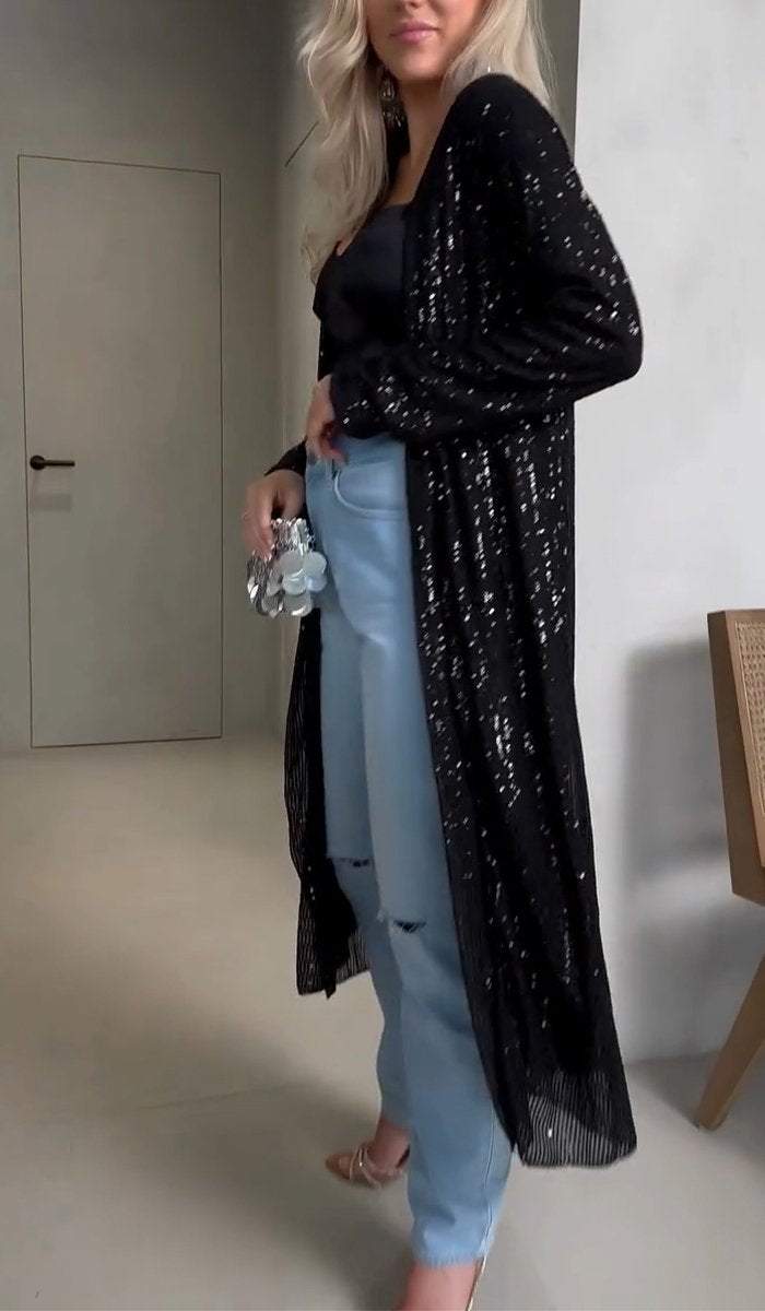 Divatos női kardigán kabát V-nyakkal és flitterekkel