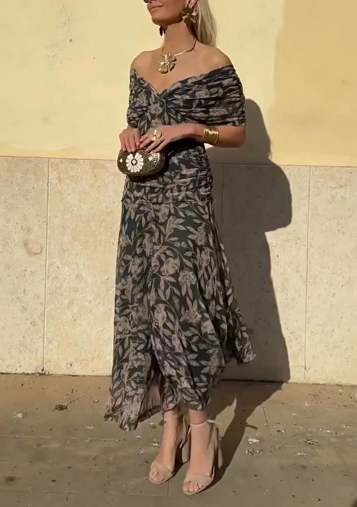 Női, váll nélküli, V-nyakú, mintás ruha