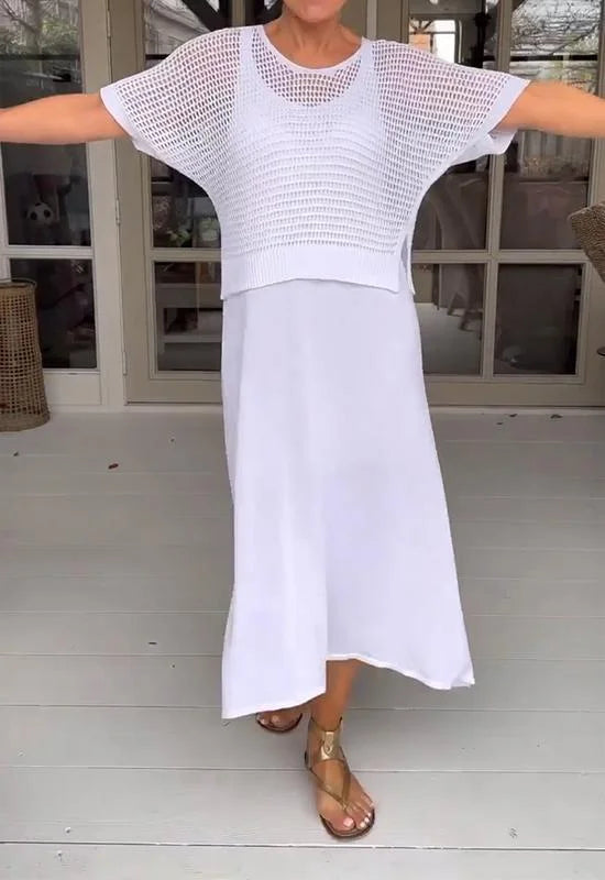 Kétrészes ruha pántokkal és áttört blúzzal