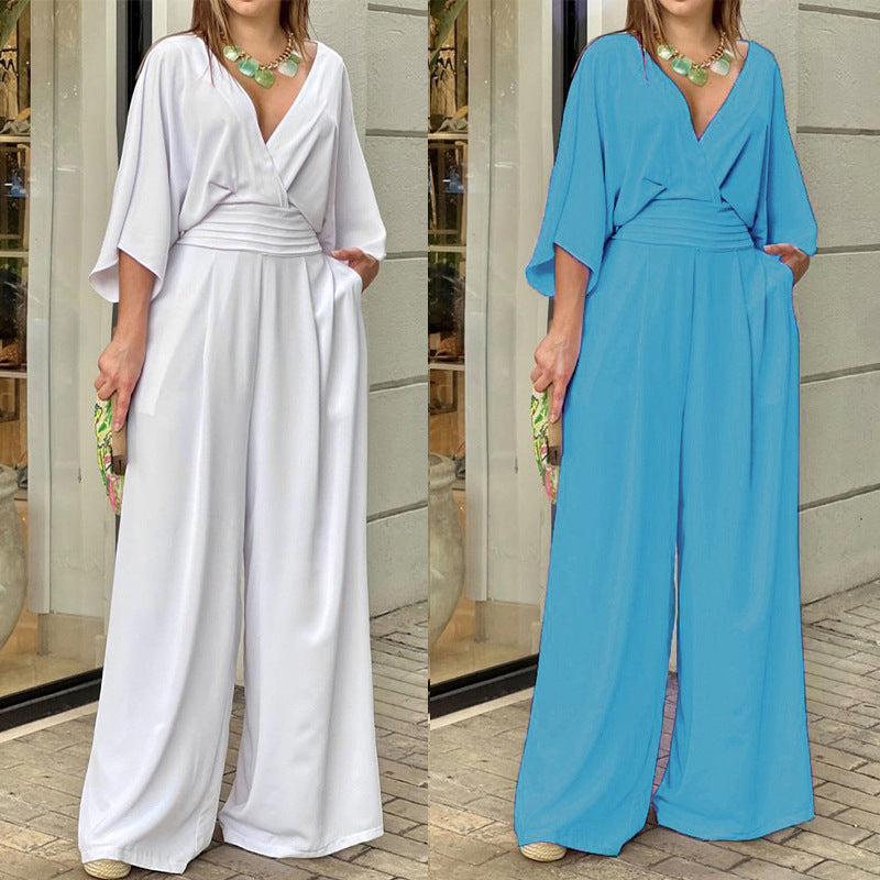 Elegáns női V-nyakú, széles lábú jumpsuit