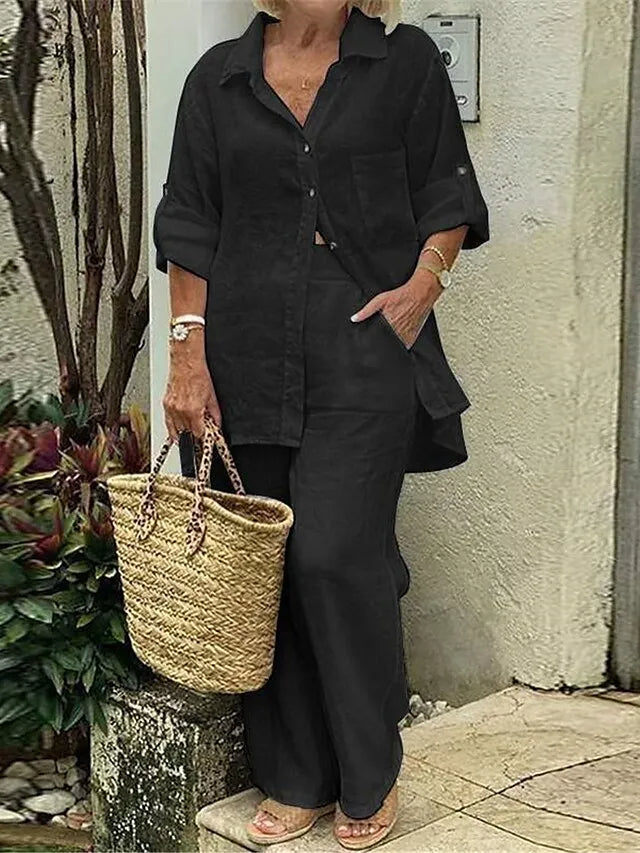 Egyszínű hajtókás ing, pamut és len felső és S-5XL nadrág