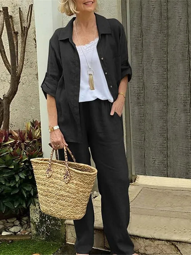 Egyszínű hajtókás ing, pamut és len felső és S-5XL nadrág