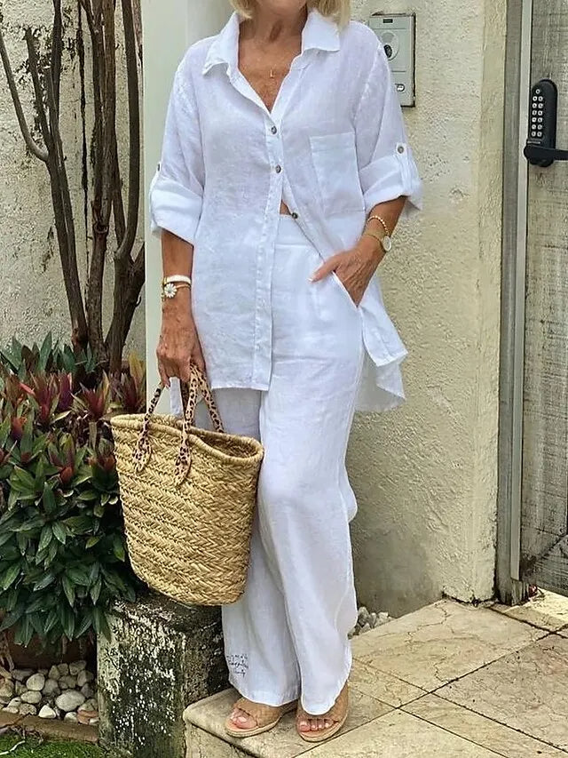 Egyszínű hajtókás ing, pamut és len felső és S-5XL nadrág