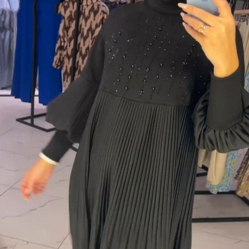 Női molett ruha lámpás ujjakkal és gallérral