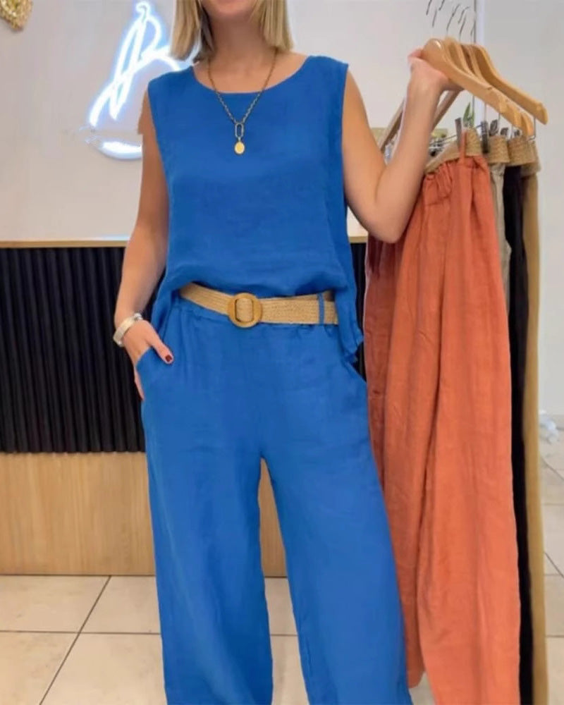 EGYSZÍNŰ PAMUT ÉS LEN UJJATLAN NADRÁGSZETT