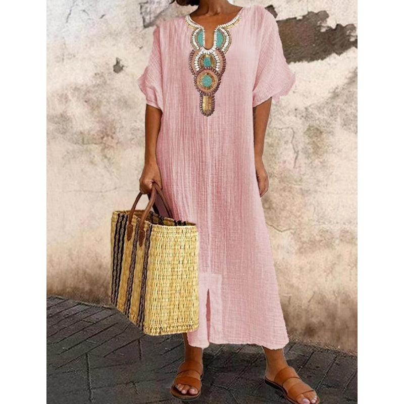 [S-4XL]🌿 Széles szabású, hímzett pamut és lenvászon ruha