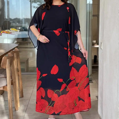 👗 Lengzős, kerek nyakú, öves ruha 🌸 | Virágminta | Állítható sziluett