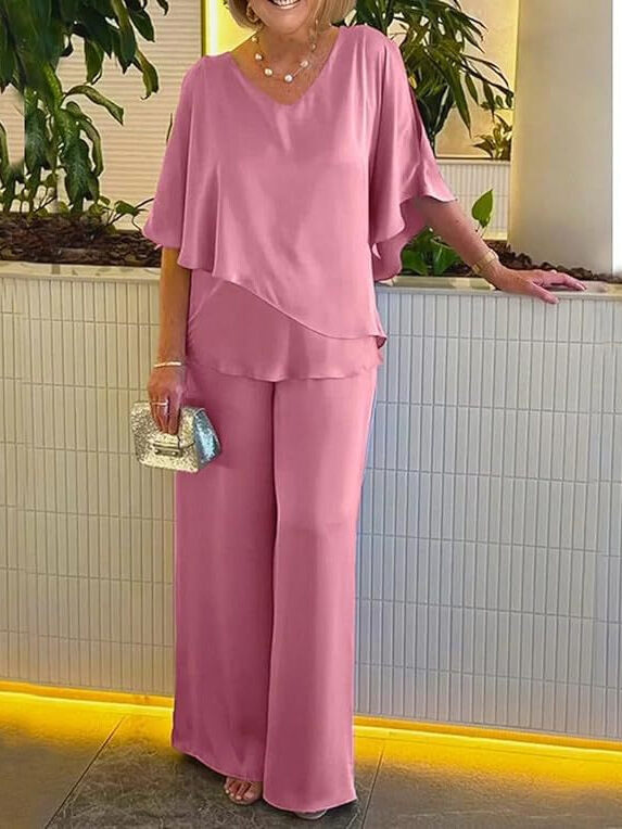 [S-3XL]2024 Új stílusú nyári szatén egyszínű V-nyakú ing nadrág nagy méretű alkalmi öltöny