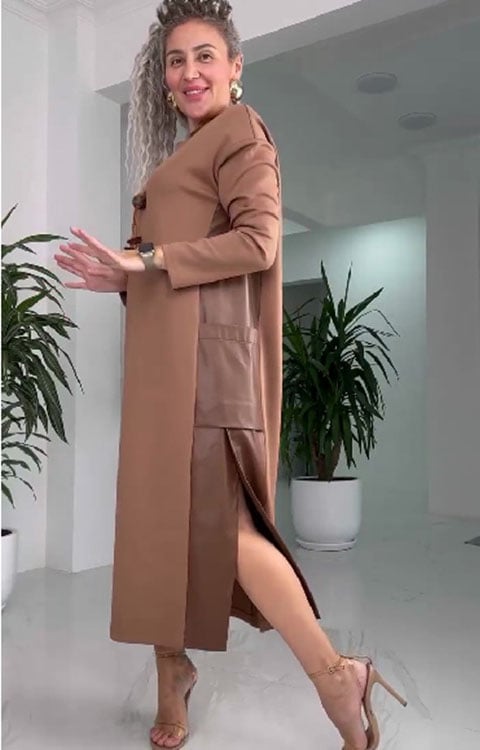 Női bő bőr patchwork ruha zsebekkel