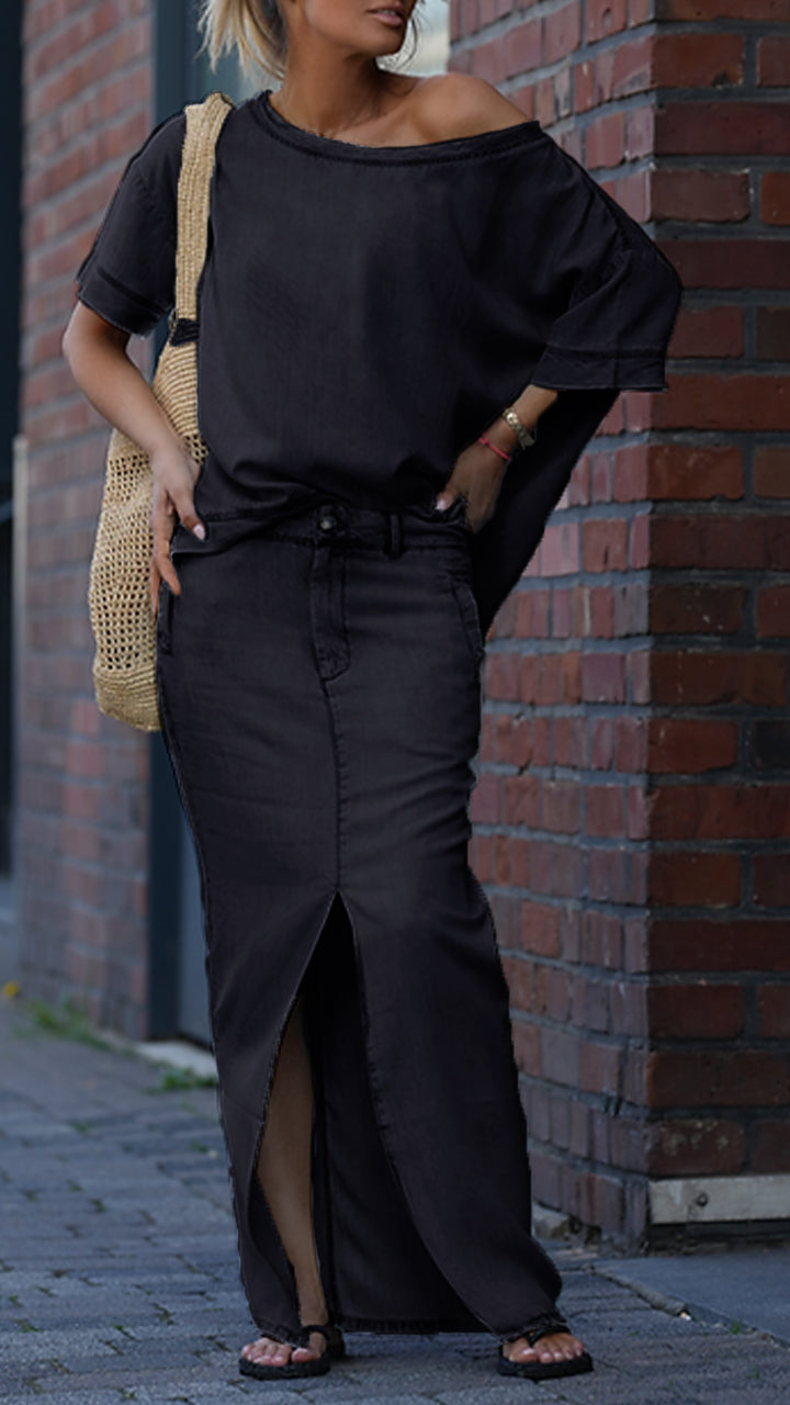 Női lezser kerek nyakú kosztüm Tencel farmerből