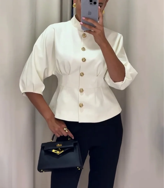 Elegáns ing állógallérral és magas derékkal