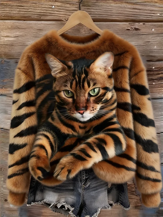 Egy kényelmes plüss pulóver tigris és cirmos cica mintával