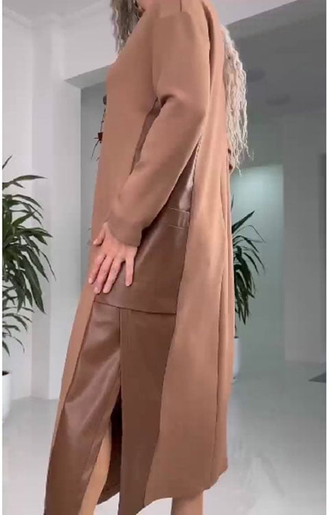 Női bő bőr patchwork ruha zsebekkel