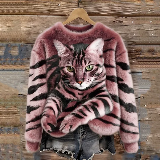 Egy kényelmes plüss pulóver tigris és cirmos cica mintával