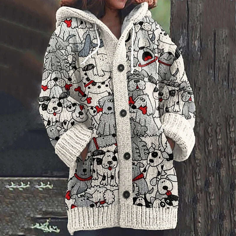 Kötött kapucnis kardigán aranyos kiskutya motívummal