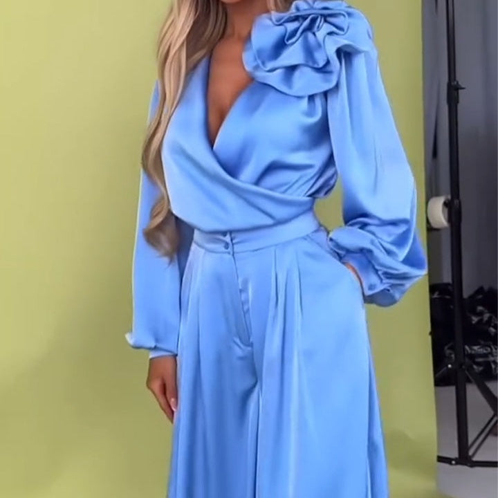 2 részes szett V-nyakú felső és széles szárú női nadrág