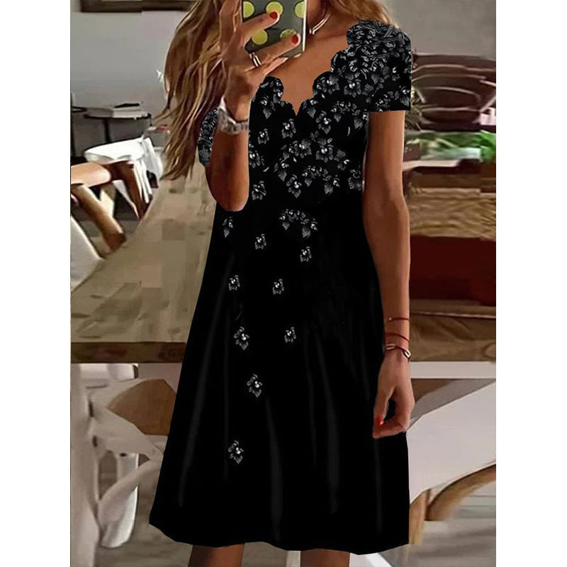 Recézett nyakú virágos ünnepi midi ruha