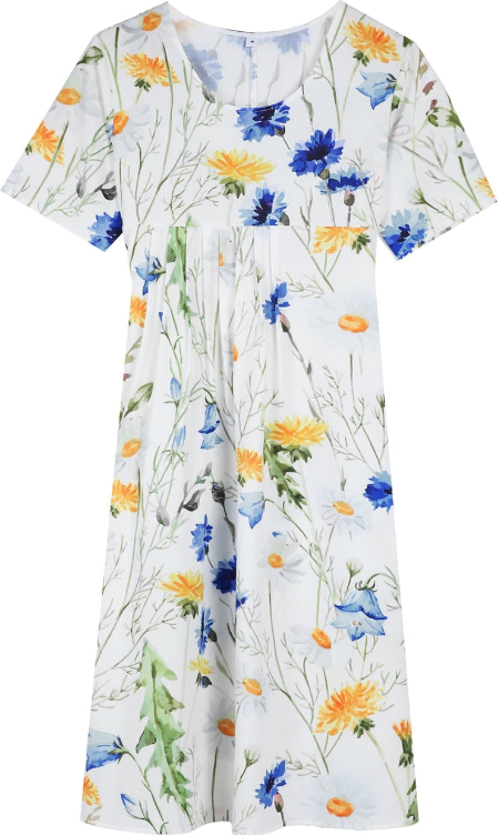 Sárga és kék virágos rövid ujjú és fehér pliszírozott midi ruha